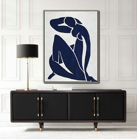 Buy Hand Painted Navy Blue Abstract Painting Nude Art Online,Hand-Painted Canvas Art #J5I8